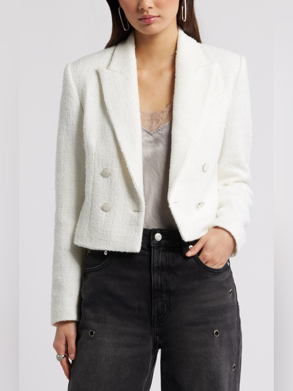 Avec Les Filles Ivory White Boycle Tweet Double Breasted Blazer Medium